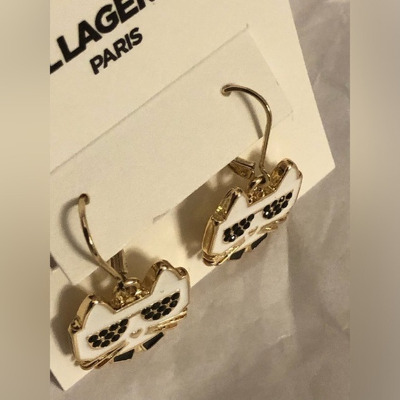 Karl Lagerfeld black white gold plated choupette cat dangling latchback earrings - Picture 4 of 7